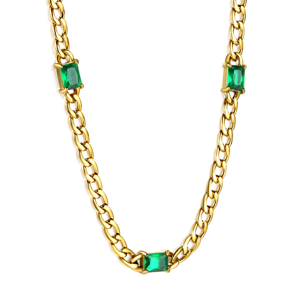 2024 New Year's 3 Rectangular Green Diamonds Pendant Necklace 46+5cm asonjewelry